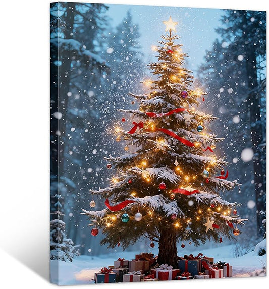 Framed Christmas Pictures Wall Decor,Vintage Pine Tree Prints,Winter Christmas Canvas Wall Art Decoration for Bedroom Bathroom Living Room Rustic Xmas Holiday Gifts (Christmas Tree 16, 12'' X 16'')