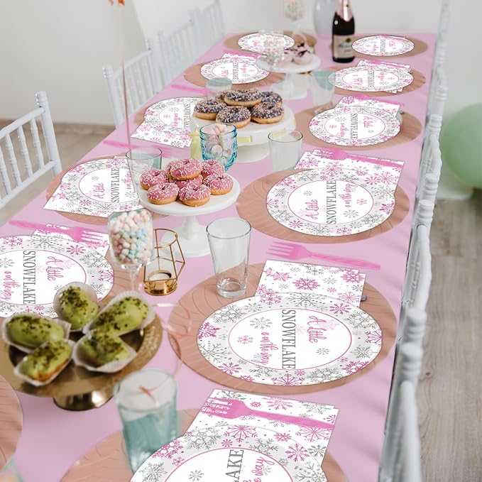 96 Pcs A Little Snowflake is on The Way Party Plates Napkins Tableware Set Winter It’s Cold Outside Supplies Disposable Dinnerware Girl Birthday Party Decoration Favors for Gender Reveal, 24 Guests