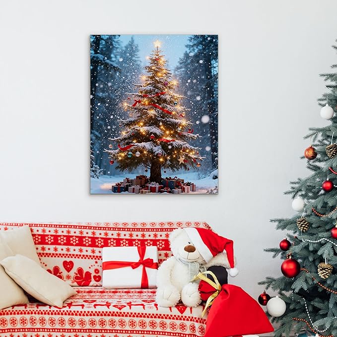 Framed Christmas Pictures Wall Decor,Vintage Pine Tree Prints,Winter Christmas Canvas Wall Art Decoration for Bedroom Bathroom Living Room Rustic Xmas Holiday Gifts (Christmas Tree 16, 20'' X 32'')