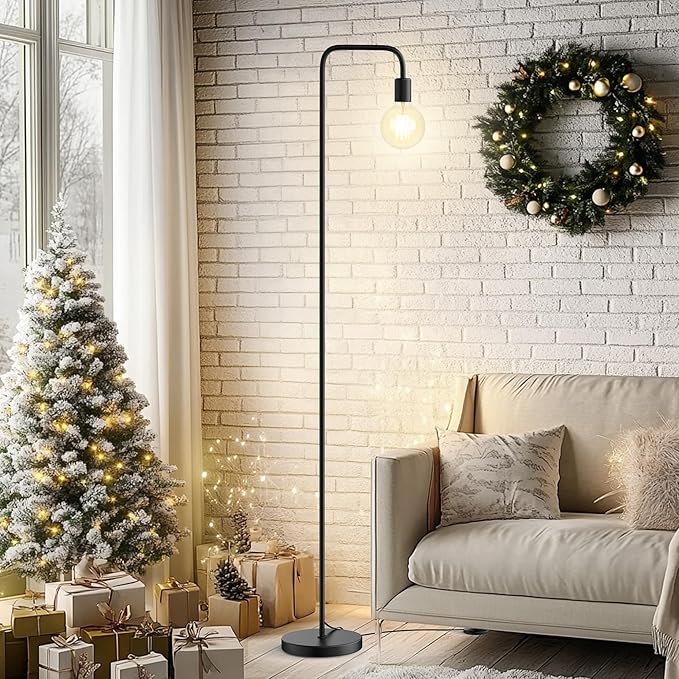 QiMH Industrial Floor Lamp with Light Bulb,Metal Tall Standing Lamp,Tall Modern Black Led Floor Lamp for Home Decor Bedroom Reading Office, Black