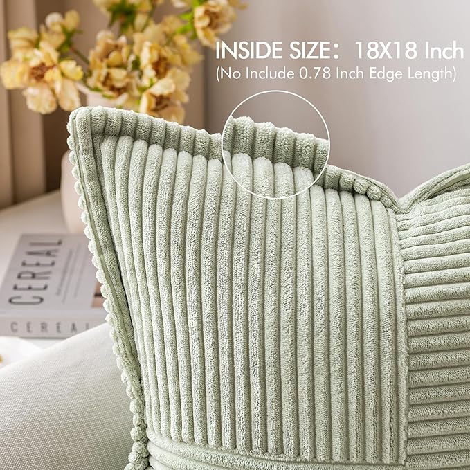 MIULEE Decorative Throw Pillow Covers for Couch Bed Livingroom 18x18 Inch Set of 2 Light Green Boho Accent Throw Pllows Broadside Striped Patchwork Soft Corduroy Summer Pillowcases