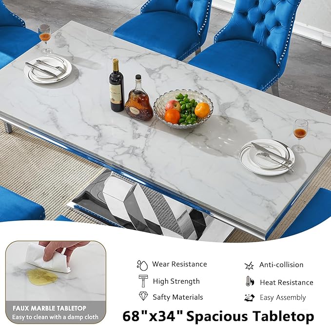 Modern White Marble Dining Table Set for 4,5-Piece Kitchen Table and Chairs for 4,Luxury Silver Dining Room Table Set w/68" Rectangle Dinner Table & 4 Blue Velvet Chairs for Kitchen Dining Room