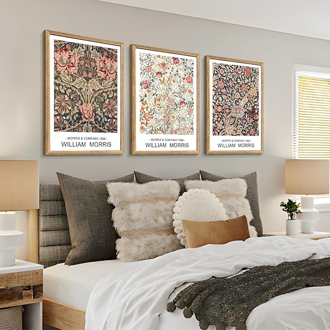 Cyebmo Wood Framed William Morris Wall Art Set of 3, Rustic Farmhouse Floral Wall Decor, Retro Flower Plants Aesthetic Picture, Vintage Botanical Art Prints for Living Room Bedroom Bathroom 16"x24"x3