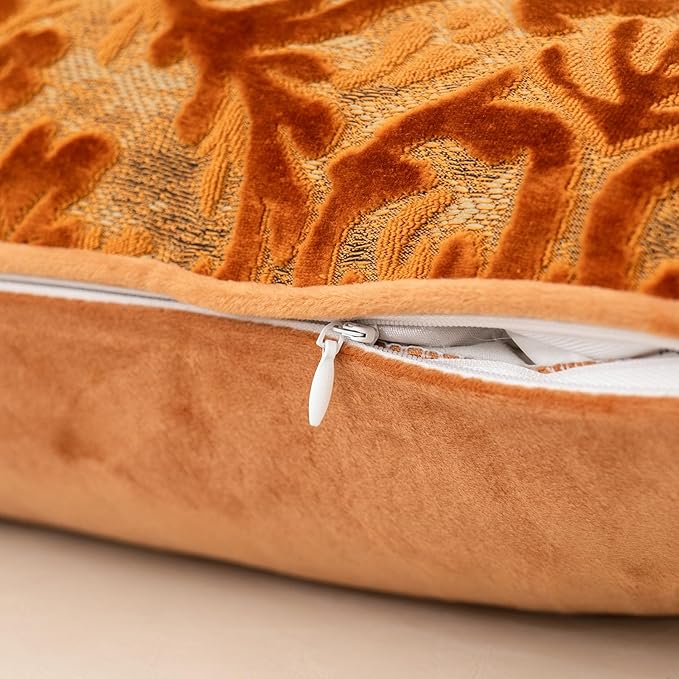 Alerfa Boho Orange Floral Throw Pillow Cover 18x18 Inch Cut Velvet Sqaure Luxury Embroidered Decorative Pillow Cover for Couch Living Room Bedroom