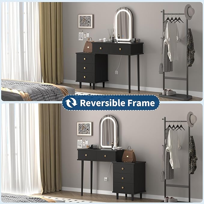 Garvee Makeup Vanity Desk with Mirror and Lights, Modern Black Vanity Table with 2 Drawers & Adjustable 3-Drawer Cabinet, Wood Dressing Table for Bedroom