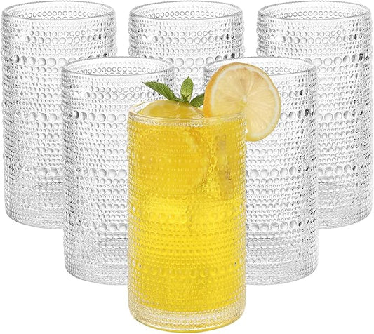 AkutaaVintage Hobnail Drinking Glasses Set of 6, 16 oz Large Capacity Embossed ClearTumblers, Highball Glasses for Water, Cocktail, Beer, Whiskey, Kitchen & Bar Use