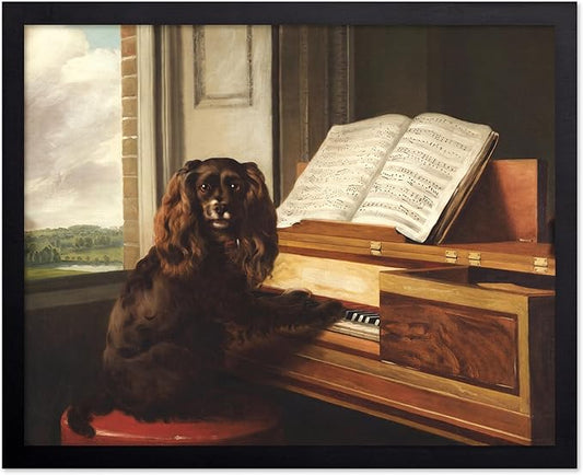 Poster Master Vintage Portrait of an Extraordinary Musical Dog Print - Retro Puppy Poster - Piano & Music Art - Animal Lover Wall Design - Living Room or Office Decor - 11x14 Black Framed