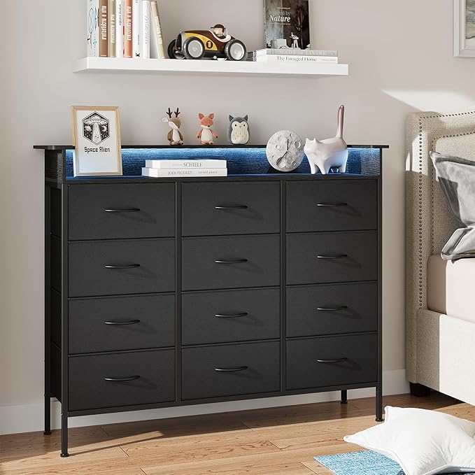 ELYKEN 50”W Black Dresser for Bedroom, Tall Dresser with 12 Drawers and Charging Station, Fabric Chest of Drawers with PU Finish Storage Drawers for Entryway Closet Living Room Hallway