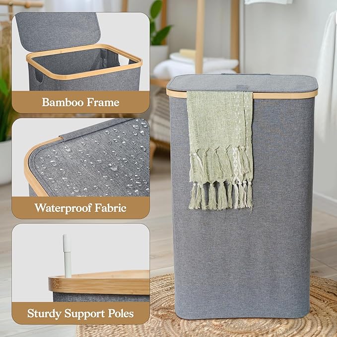 Foldable Laundry Hamper with Lid, Double Laundry Hamper, 2 Section Extra-large Laundry Basket with Bamboo Handles for Bathroom, Bedroom & Laundry Room, 140L Grey