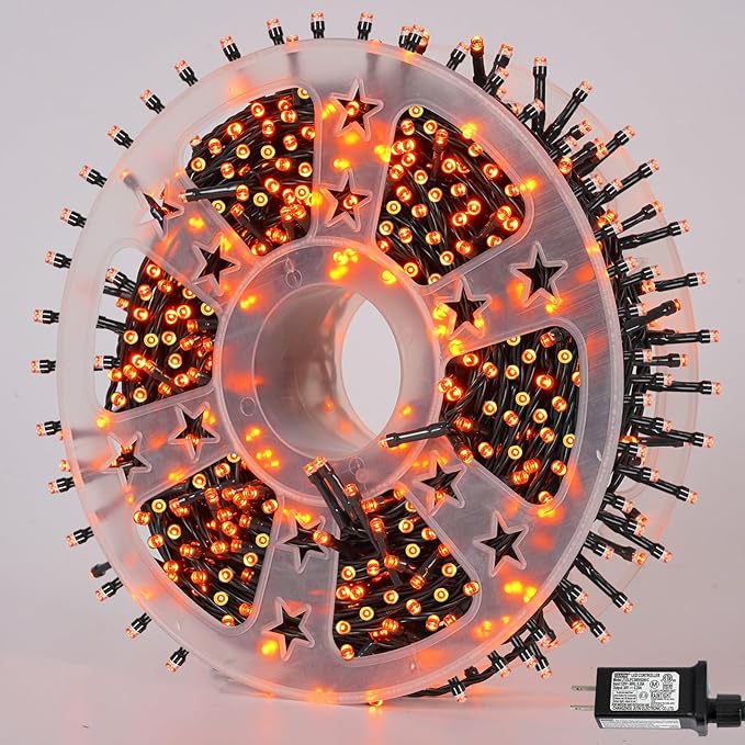 QITONG 165ft 500 LED Orange Lights for Halloween, Halloween Lights Outdoor Waterproof with 8 Modes, Green Wire Christmas String Light Plug in Indoor