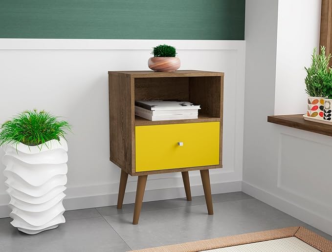 Manhattan Comfort Liberty Mid Century Modern Nightstand with Drawer and Cubby, Bedside Table for Bedroom and Living Room, Night Stand Accent Decor, Easy Assembly, Brown/Yellow