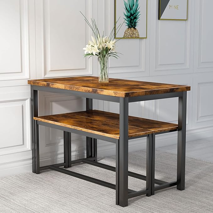 AWQM Dining Room Table Set, Kitchen Table Set with 2 Benches, Ideal for Home, Kitchen and Dining Room, Breakfast Table of 43.3x23.6x28.5 inches, Benches of 38.5x11.8x17.5 inches, Rustic Brown