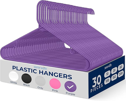 SereneLife 30 Pack Plastic Clothes Hangers – Non-Slip, Heavy Duty Adult Coat Hanger Set with 360° Swivel Hook – Slim, Space-Saving Closet Organizers for Shirts, Pants & Jackets – Purple