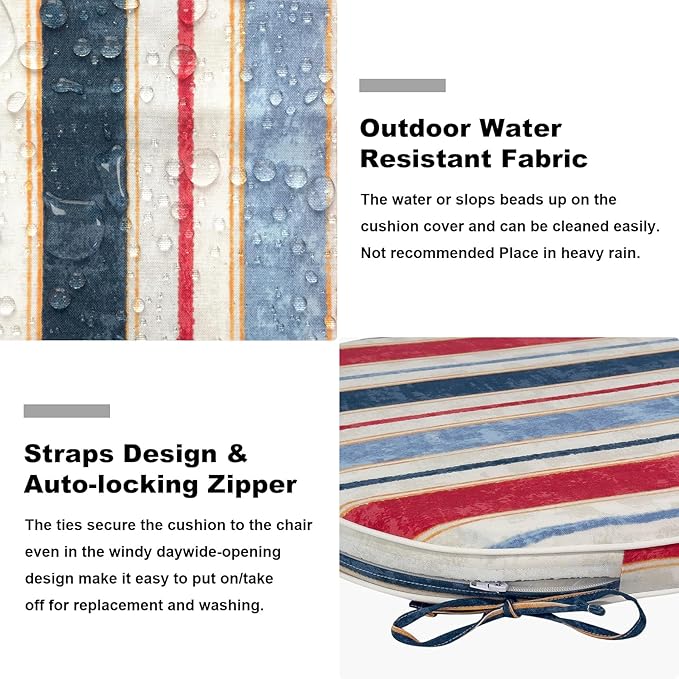 Set of 2 Outdoor Chair Cushions 19"x19"x2",Water Repellent Dining Seat Cushion with Ties and Removable Covers, Chair Cushions for Indoor and Patio Furniture, Stripe Red Blue
