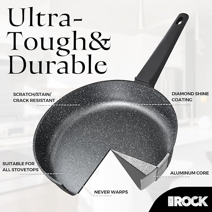 THE ROCK SOHO 12.5-Inch Non Stick Frying Pan with Lid – Nothing Sticks, Never Warps, Lasts Longer, Healthy Skillet with Heat-Resistant Handle, PFOA Free, Oven & Dishwasher Safe, Black