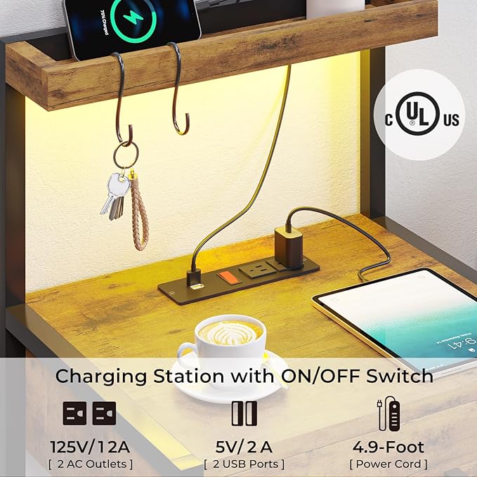 VIAGDO Led Nightstand with Charging Station, 3 Drawers Night Stands with Led Lights, Rustic Brown Bedside Tables with Storage Shelves, Modern End Side Tables for Bedroom, Office