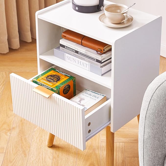 Nightstand with Storage Drawer, Modern Bedside Table with Liner Drawer and Solid Wood Legs, Small End Table with 2-Tier Storage, White YD-TM061W