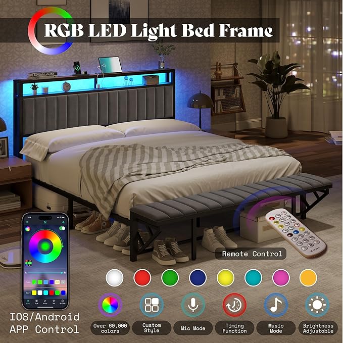 Full Bed Frame with LED Light and Charging Station, Velvet Upholstered Headboard with Storage Shelf, Heavy Duty Metal Slats/No Box Spring Needed/Easy Assembly, Grey