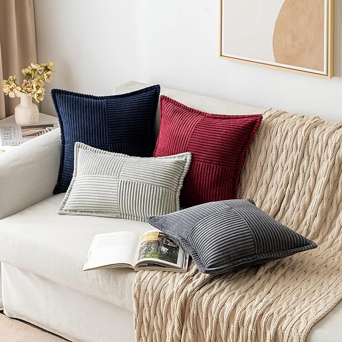 MIULEE Decorative Throw Pillow Covers for Couch Bed Livingroom 18x18 Inch Set of 2 Navy Blue Boho Accent Throw Pllows Broadside Striped Patchwork Soft Corduroy Summer Coastal Pillowcases