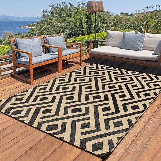 Terrug Outdoor Rug Waterproof 9x12 Ft, Foldable Outdoor Plastic Straw Rug, UV Reversible Patio Rug Decor, Outdoor Area Rug for Camping, RV, Porch, Deck, Backyard, Balcony, Picnic, Black & Beige