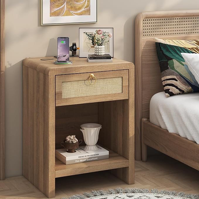 Rattan Nightstand Set of 2, Nightstand with Charging Station, Boho Bedside Table End Table with Drawer and Storage Shelf, Wood End Table Night Stand for Bedroom, Small Space, Natural Oak