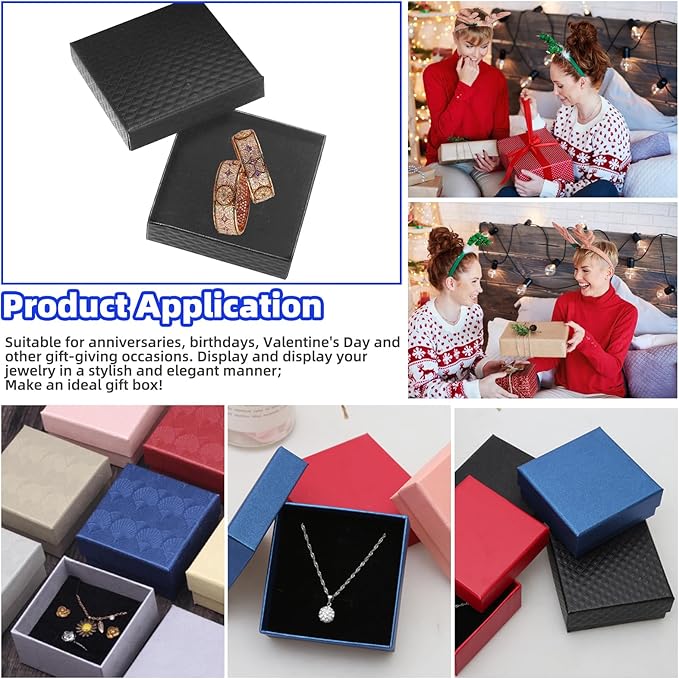 Glarks 12Pcs Black 9 x 9 x 3CM Cardboard Jewelry Gift Boxes with Pink Scissors and 1.5 x 225CM Red Polyester Ribbon Set, Diamond Pattern Necklace Earring Bracelet Boxes Gift Case Ideal