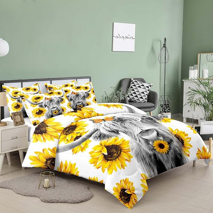 Tailor Shop Highland Cow Bedding Set King Size ，Farmhouse Sunflower Highland Cattle Wild Animal 3D Print Comforter 3 Pcs Sets,with 1 Comforter 2 Pillowcases……