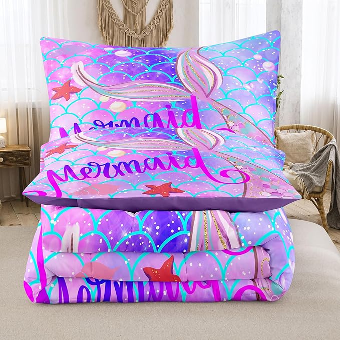Tailor Shop Mermaid Comforter Sets Twin Bedding Sets for Girls Kids Teens Girls Purple Comforter with 1 Pillowcase…