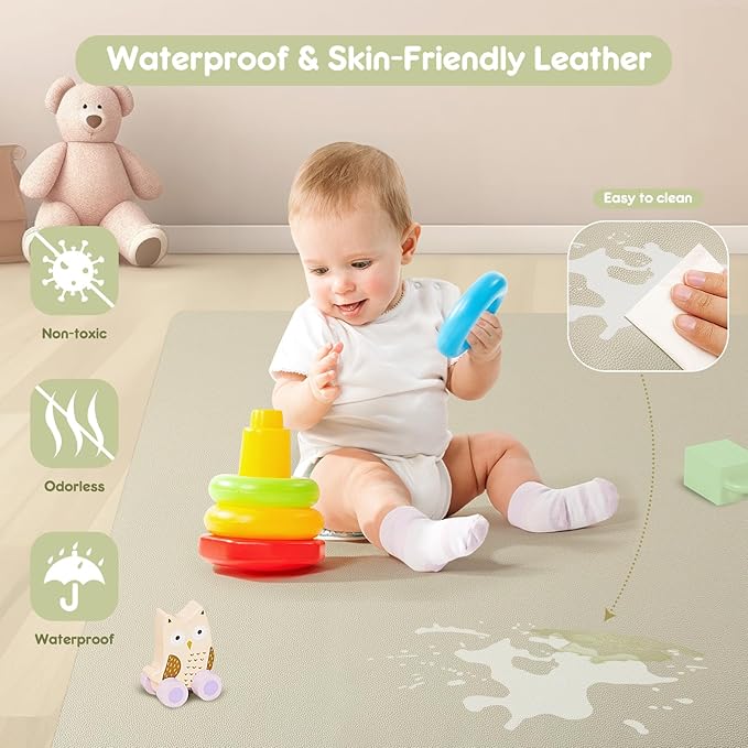 Padded Baby Play Mat, Super Soft Vegan Leather Baby Floor Play Mat, 48x48 Non-Slip Thick Foam Cushioned Play Mat for Babies 6-12 Months, Fits Nicely Into 50x50 Playpen Mat, Grayish Green