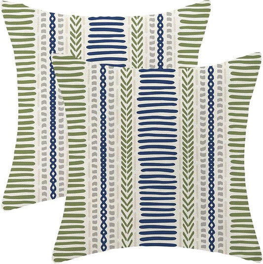 Boho Pillow Covers 20x20 Inch Set of Blue Sage Green Stripes Throw Pillow Covers Outdoor Decoration, Abstract Modern Bohemian Farmhouse Linen Decorative Cushion Cover for Home Decor Sofa Couch
