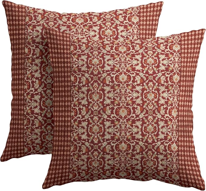 Kawani Red Antique Pillow Covers 18x18 Inch Vintage Floral Block Print Decorative Throw Pillows Set of 2 Retro Turkish Pillowcases for Couch Indoor Outdoor Home Decor