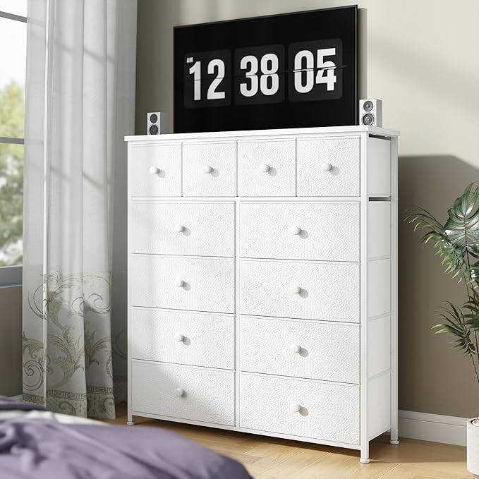 Dresser for Bedroom with 12 Drawers Tall Dressers for Bedroom Fabric Dressers & Chest of Drawers with Sturdy Metal Frame, Wood Top, for Woman, Closet, 40.6" W x 11.8" D x 44.5" H (White)