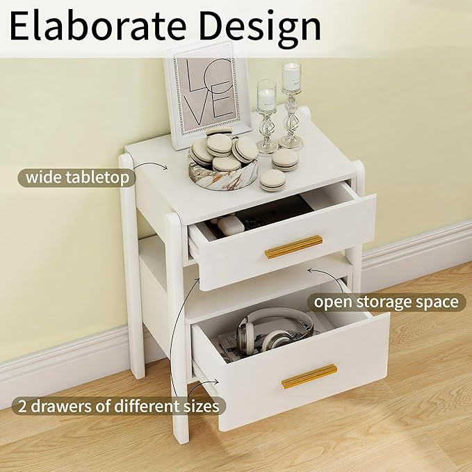 Nightstand with 2 Drawers and Open Shelf Wood Bedside Table Gold Handles Storage Night Stand with Light for Bedroom, White