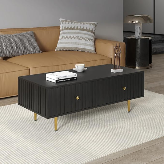 Modern Coffee Table with Storage with 2 Big Drawers, Black Rectangle Coffee Table for Living Room, Wooden Fluted Table Accent Tea Table for Living Room Apartment Small Space