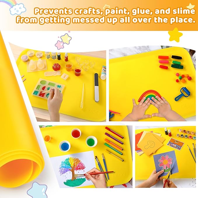 Silicone Craft Mats for Kids 24"x16"– with Raised Lip & Non-Slip | Reusable Silicone Art Mat for Play Sand, Painting, DIY Crafts | Durable Design (Yellow)