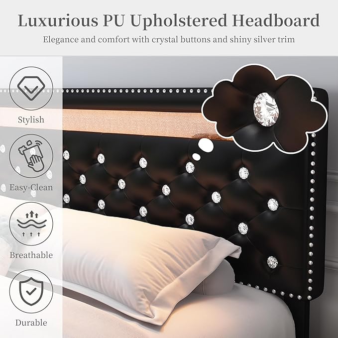 Full Led Bed Frame with 2 Drawers, Heavy Duty Sturdy Metal Platform Bed Frames Full Size with Adjustable Height Crystal Button Tufted Headboard, Easy Assembly, No Box Spring Needed, PU Black