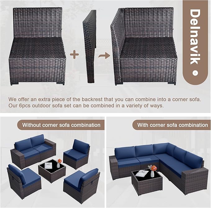 Kurapika 6 Pieces Patio Furniture Set, Rattan Outdoor Conversation Sets w/4 Inch Cushion and Glass Coffee Table(Navy Blue)