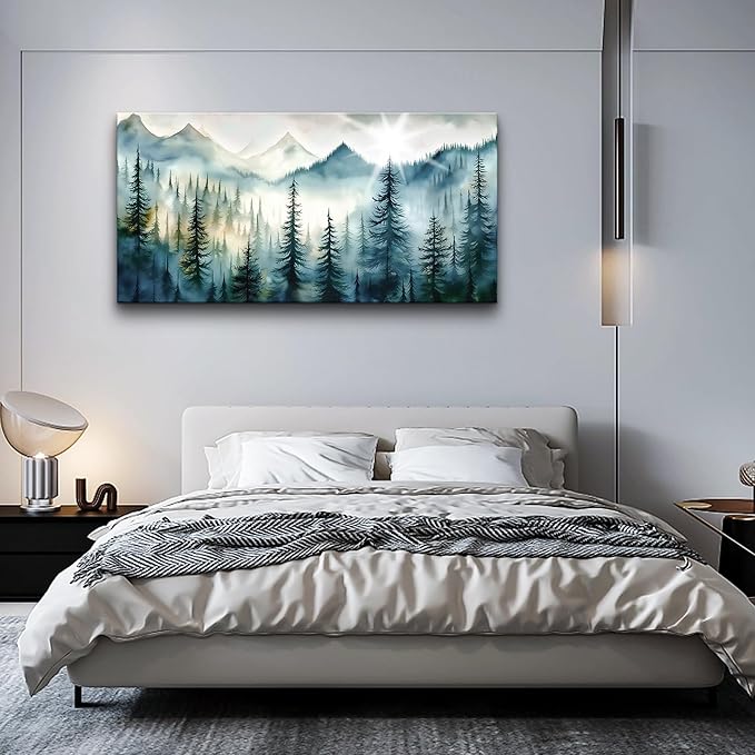 Lapremoly Framed Wall Art - Modern Fog Forest Landscape Canvas Prints for Living Room, Bedroom, Office - Ready to Hang - Blue Abstract Wall Decor