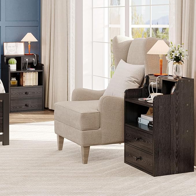 LIKIMIO Black Nightstand with LED Charging Station 2 Drawers and Storage Shelves, Left and Right Interchangeable Sockets Bed Side Table Night Stand with Drawer