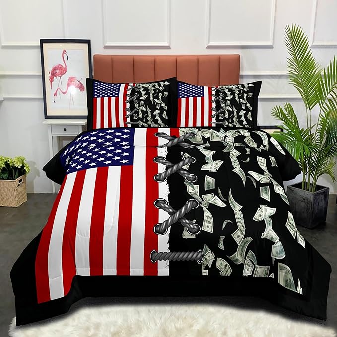Tailor Shop American Flag Comforter Sets Queen Size,Money Comforter Set American Flag Bedding Sets for Kids Boys Teens One Hundred Dollar Bedding Sets 3 Piece with 1 Comforter and 2 Pillowcase………