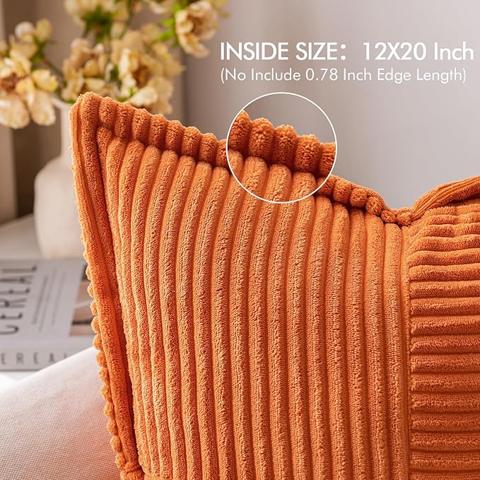 MIULEE Orange Fall Decorative Lumbar Throw Pillow Covers for Couch Bed Livingroom 12x20 Inch Set of 2 Boho Accent Throw Pllows Broadside Striped Patchwork Soft Corduroy Pillowcases