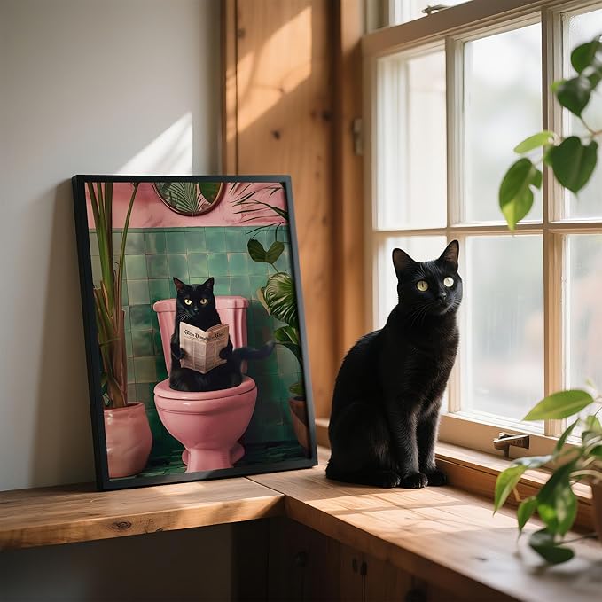 Framed Vintage Cat Canvas Wall Art, Funny Pink Animal Reading Books Painting Picture Print, Cute Kitten Lovers Aesthetic Wall Decor for Nursery Girls Room Bedroom Kids Room 16''L x 12''W