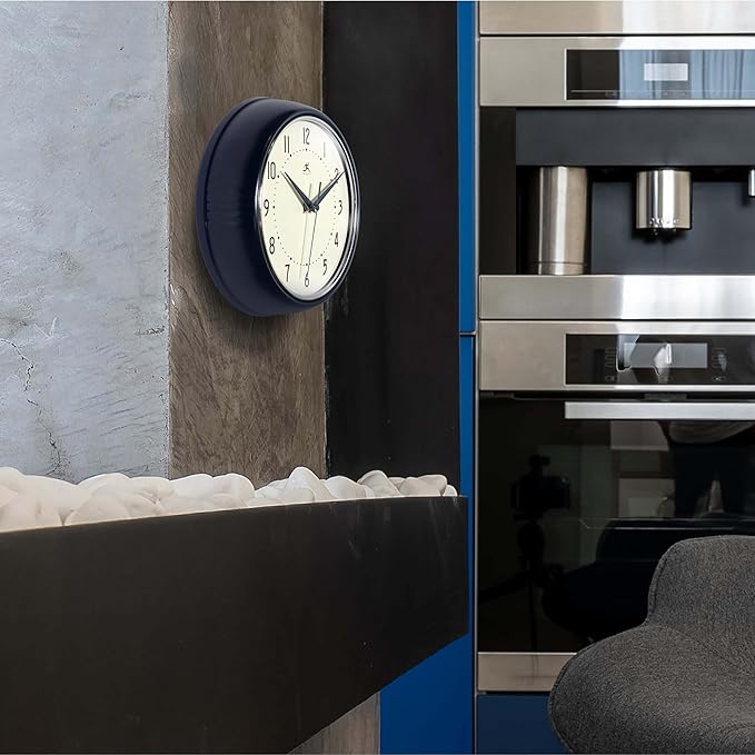 Infinity Instruments Retro 9.5 Inch Round Indoor Wall Clock, Navy Blue