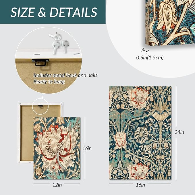 FASWQ Framed William Morris Wall Art, Nouveau Vintage Botanical Wall Decor, Retro Intricate Floral Animal Canvas Painting, Retro Natural Flower Bird Poster Prints for Living Room Bedroom 16"x24"x3