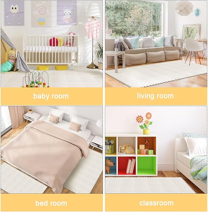 Shihanee 16 Pcs Foam Floor Baby Tiles 11.81 x 11.81 inches Foam Floor Mats Play Mats Bulk with Borders Interlocking for Kids Baby Playroom Nursery Gym（White）