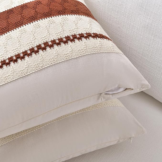Fancy Homi Set of 2 Rust Boho Decorative Throw Pillow Covers 22x22 Inch for Couch Bed Sofa, Aesthetic Modern Organic Fall Room Decor, Soft Cotton Cute Terracotta Textured Farmhouse Cushion Case