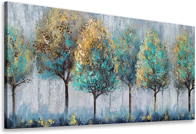 NINEASO Abstract Forest Canvas Wall Art - Teal Yellow Trees Pictures Grey Blue Earthy Wall Decor Modern Botanical Painting Print Artwork for Living Room Bedroom Home Office Decor 20" x 40"