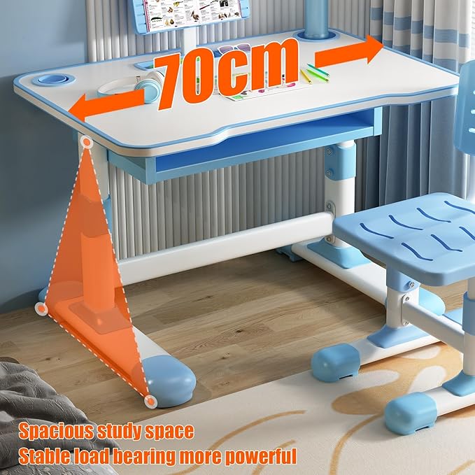 Study Desk Chair Set for Kids, Blue, Modern, Height Adjustable, Tiltable Reading Stand, Extra Large Drawer, LED Table Light