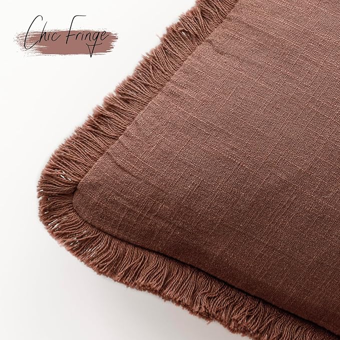 Foindtower Set of 2 Decorative Linen Fringe Throw Pillow Covers Boho Farmhouse Cushion Cover with Tassels Accent Pillowcase for Couch Chair Sofa Bed Living Room Home Decor,22×22 Inch,Rust Red