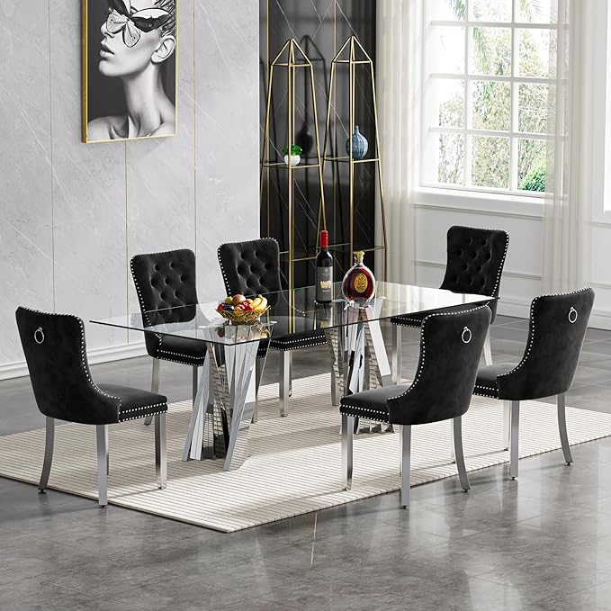 Goujxcy 70" Modern Glass Dining Table for 6-8, Luxury Silver Glass Dining Room Table with Mirrored Flash-Shape Stainless Steel Base, Rectangle Kitchen Dinner Tables for Dining Room Kitchen